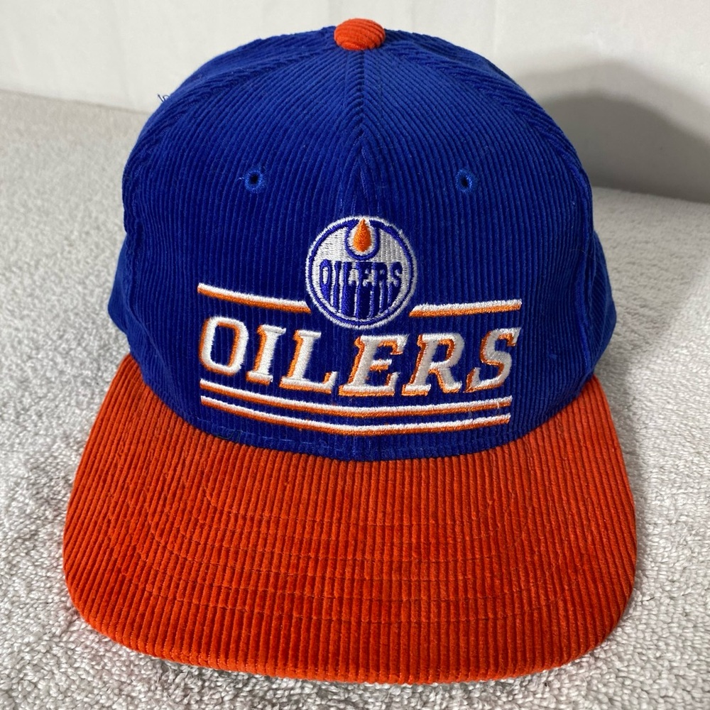 Vintage NHL Ted Fletcher The Classic Blue and Orange Corduroy Oilers Hat RARE